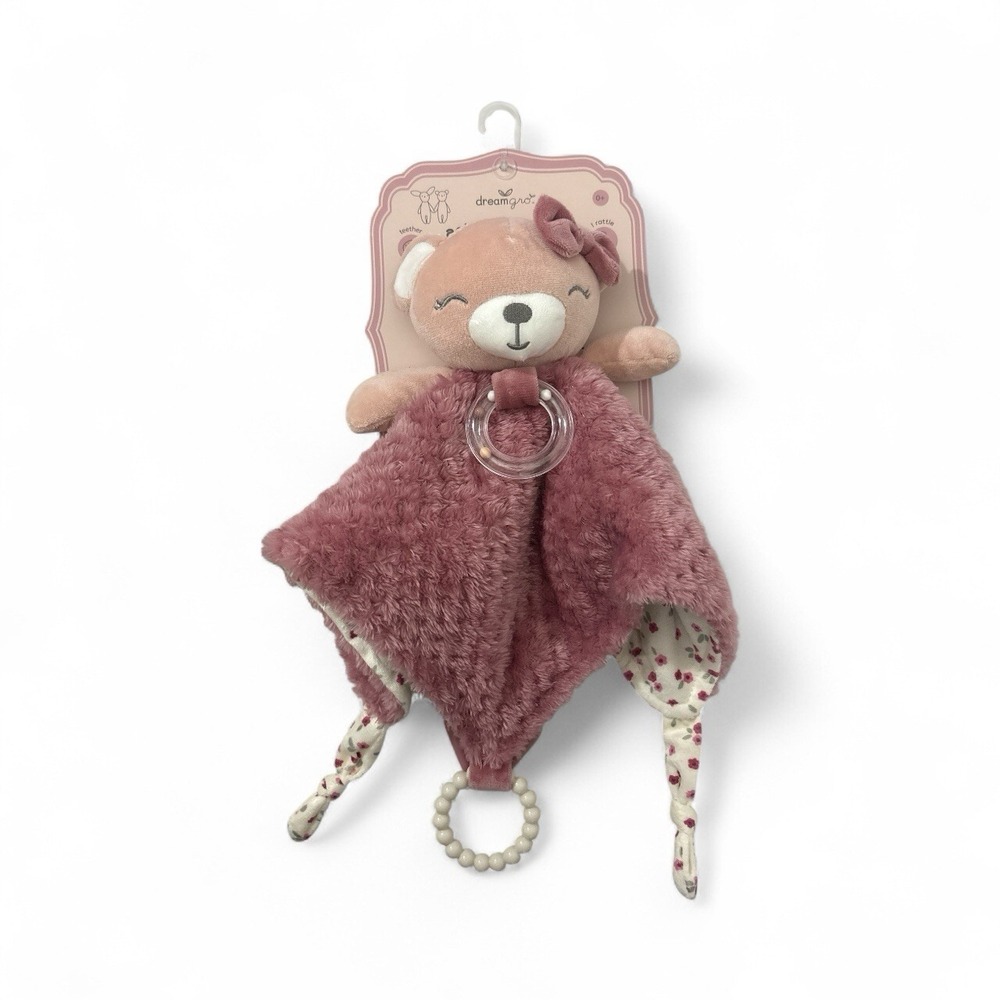 Dreamgro Pink Bear Flowers Security Blanket Blankie Lovey Plush Rattle Soft NEW